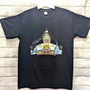 Swyambhu Stupa and Bajra Cotton Tee Unisex Size 40 Black Short Sleeve Top New
